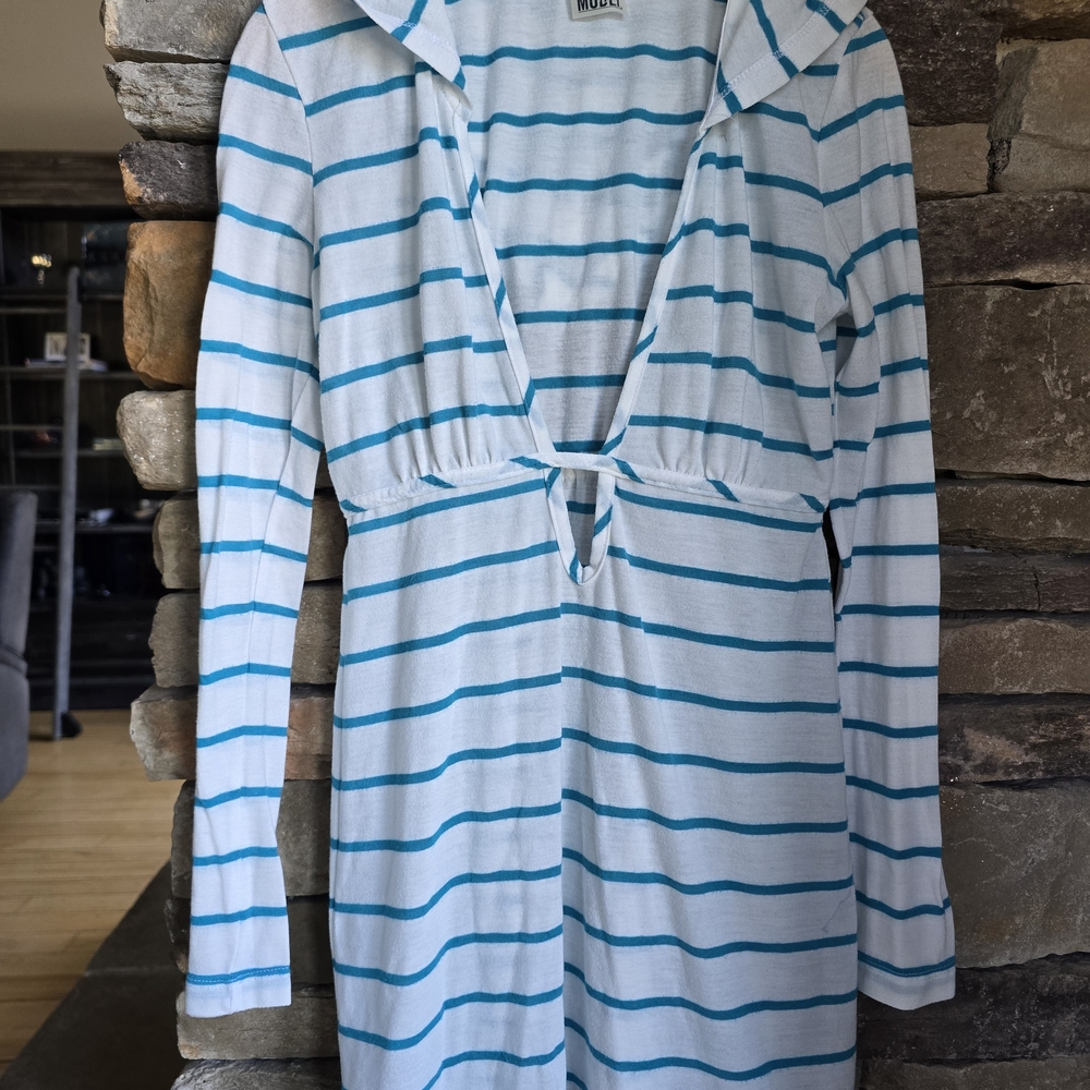 Turquoise & White Striped Swim Coverup w/ Hood Girls XS Worn Once Excellent!!!!!